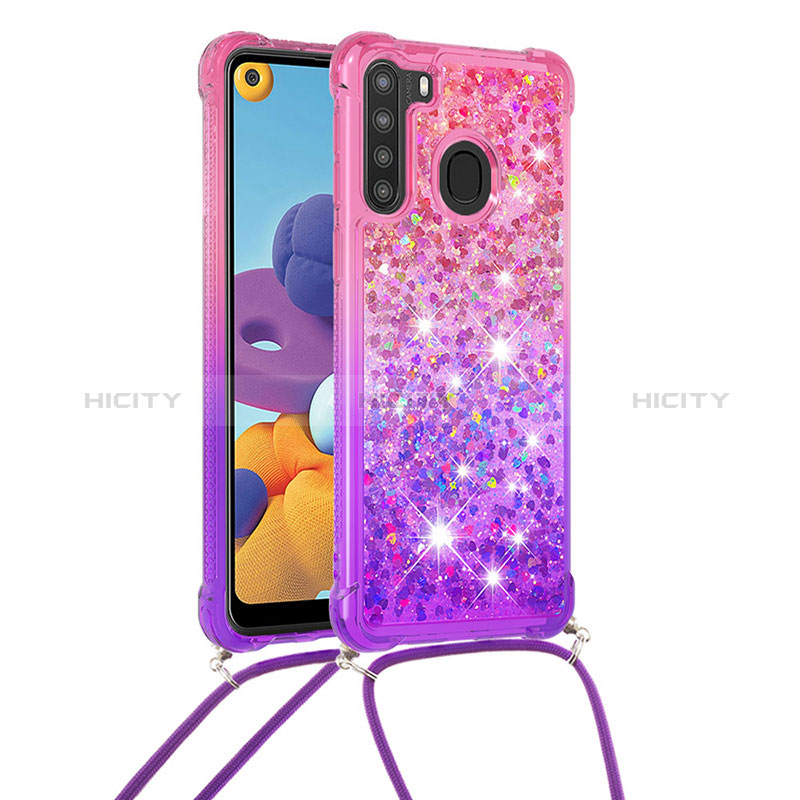 Silikon Hülle Handyhülle Gummi Schutzhülle Flexible Tasche Bling-Bling mit Schlüsselband Lanyard S01 für Samsung Galaxy A21 groß