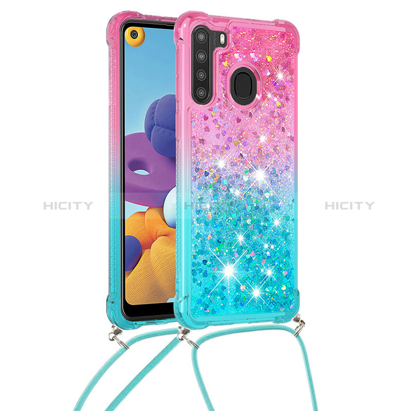 Silikon Hülle Handyhülle Gummi Schutzhülle Flexible Tasche Bling-Bling mit Schlüsselband Lanyard S01 für Samsung Galaxy A21 groß