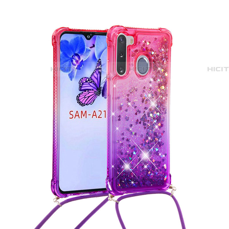 Silikon Hülle Handyhülle Gummi Schutzhülle Flexible Tasche Bling-Bling mit Schlüsselband Lanyard S01 für Samsung Galaxy A21 European Pink