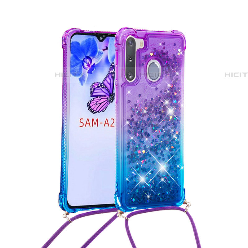 Silikon Hülle Handyhülle Gummi Schutzhülle Flexible Tasche Bling-Bling mit Schlüsselband Lanyard S01 für Samsung Galaxy A21 European Violett