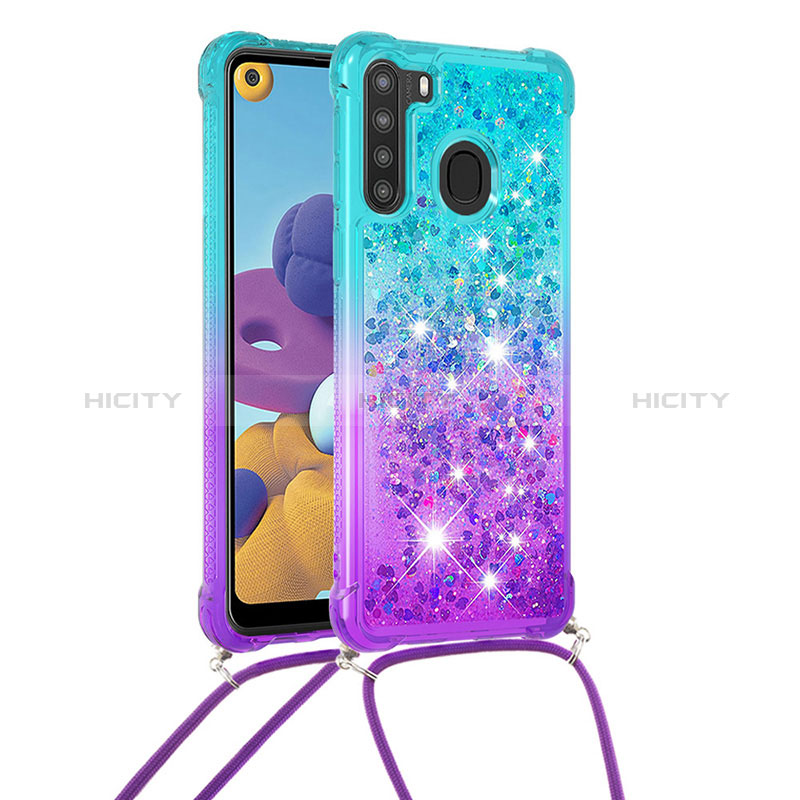 Silikon Hülle Handyhülle Gummi Schutzhülle Flexible Tasche Bling-Bling mit Schlüsselband Lanyard S01 für Samsung Galaxy A21 Hellblau Plus