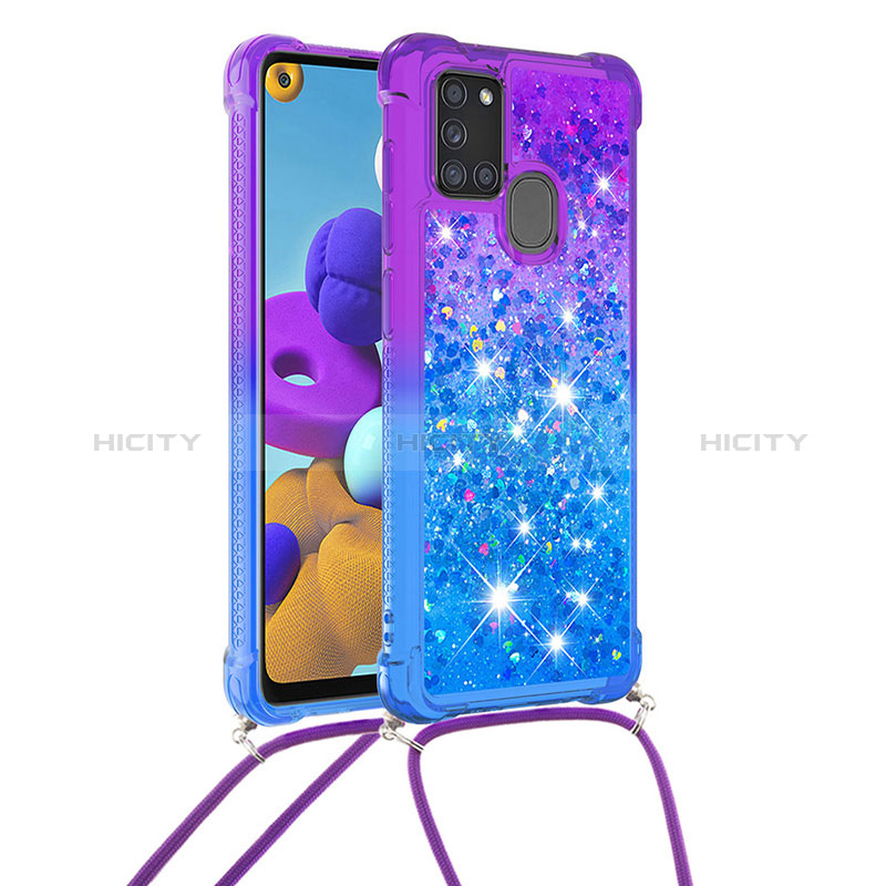 Silikon Hülle Handyhülle Gummi Schutzhülle Flexible Tasche Bling-Bling mit Schlüsselband Lanyard S01 für Samsung Galaxy A21s Violett Plus