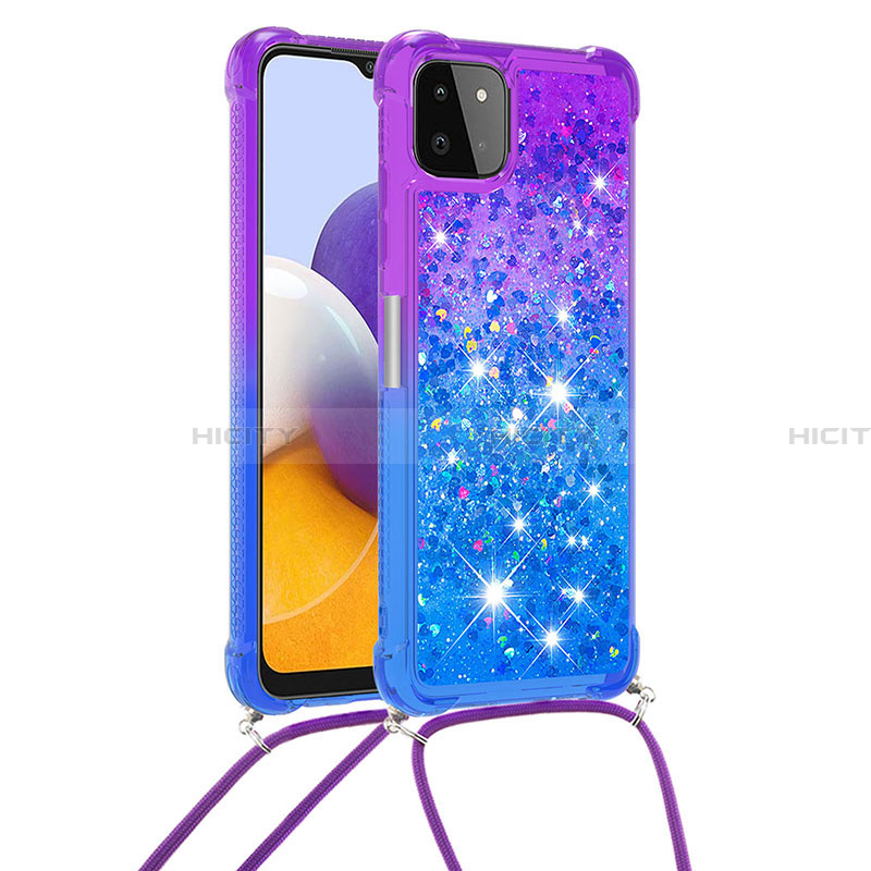 Silikon Hülle Handyhülle Gummi Schutzhülle Flexible Tasche Bling-Bling mit Schlüsselband Lanyard S01 für Samsung Galaxy A22 5G Violett Plus
