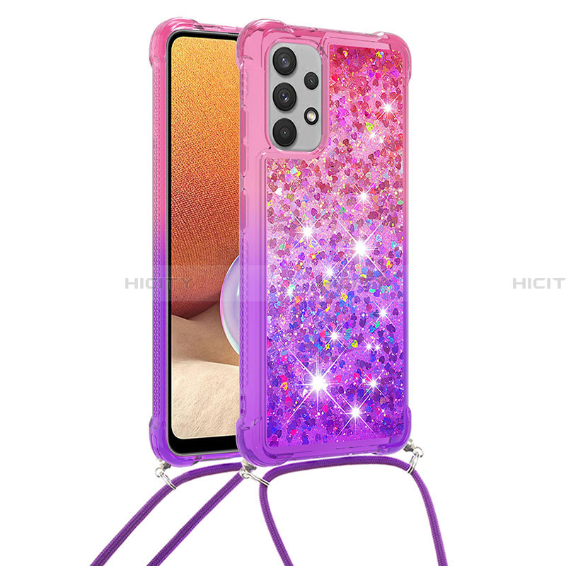 Silikon Hülle Handyhülle Gummi Schutzhülle Flexible Tasche Bling-Bling mit Schlüsselband Lanyard S01 für Samsung Galaxy A32 4G Pink