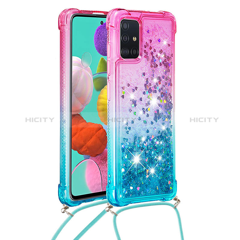 Silikon Hülle Handyhülle Gummi Schutzhülle Flexible Tasche Bling-Bling mit Schlüsselband Lanyard S01 für Samsung Galaxy A51 4G Rosa Plus