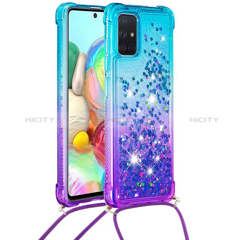 Silikon Hülle Handyhülle Gummi Schutzhülle Flexible Tasche Bling-Bling mit Schlüsselband Lanyard S01 für Samsung Galaxy A71 4G A715 Hellblau