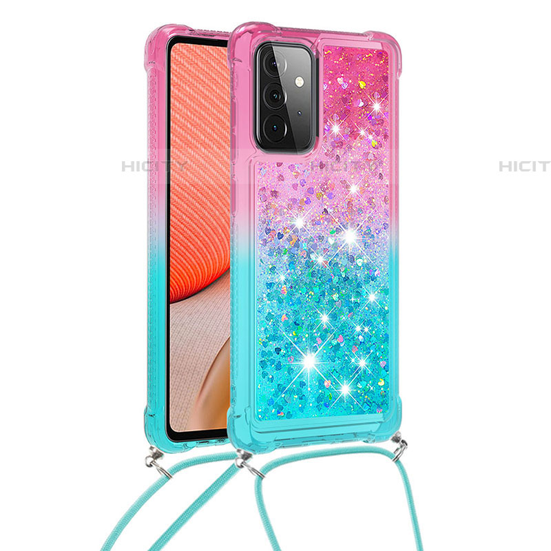 Silikon Hülle Handyhülle Gummi Schutzhülle Flexible Tasche Bling-Bling mit Schlüsselband Lanyard S01 für Samsung Galaxy A72 5G Rosa