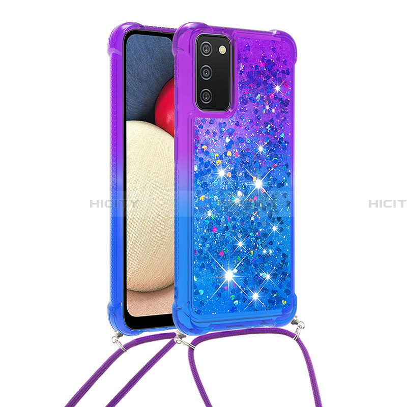 Silikon Hülle Handyhülle Gummi Schutzhülle Flexible Tasche Bling-Bling mit Schlüsselband Lanyard S01 für Samsung Galaxy F02S SM-E025F Violett Plus