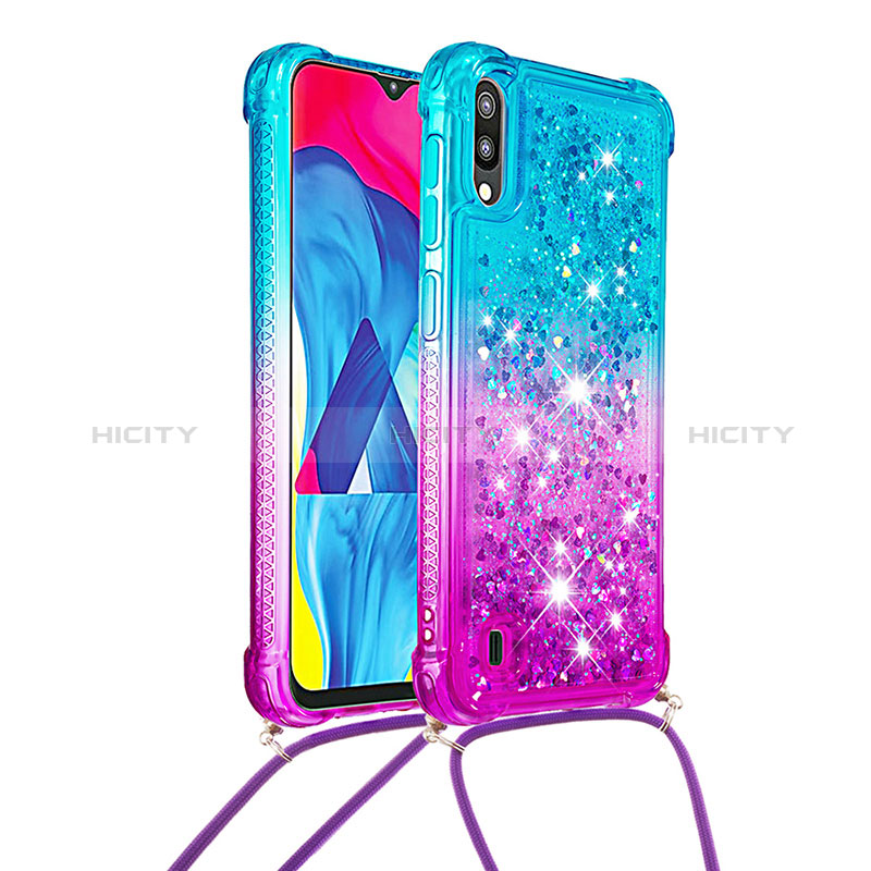 Silikon Hülle Handyhülle Gummi Schutzhülle Flexible Tasche Bling-Bling mit Schlüsselband Lanyard S01 für Samsung Galaxy M10 Hellblau Plus