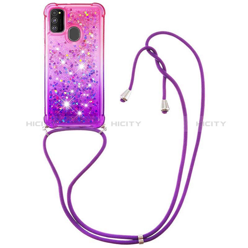 Silikon Hülle Handyhülle Gummi Schutzhülle Flexible Tasche Bling-Bling mit Schlüsselband Lanyard S01 für Samsung Galaxy M21 groß