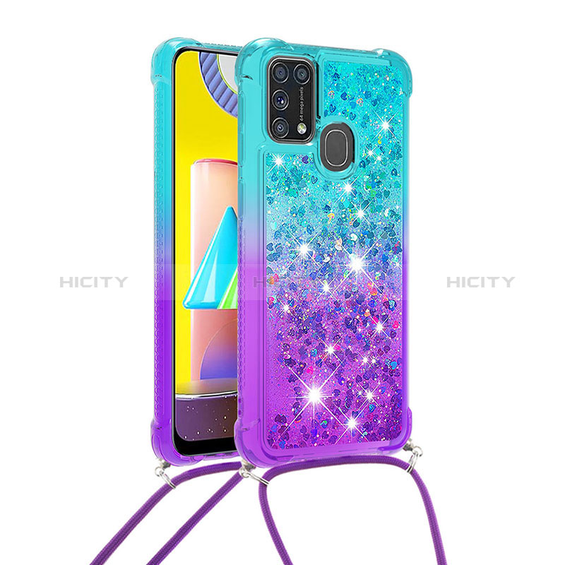 Silikon Hülle Handyhülle Gummi Schutzhülle Flexible Tasche Bling-Bling mit Schlüsselband Lanyard S01 für Samsung Galaxy M21s Hellblau