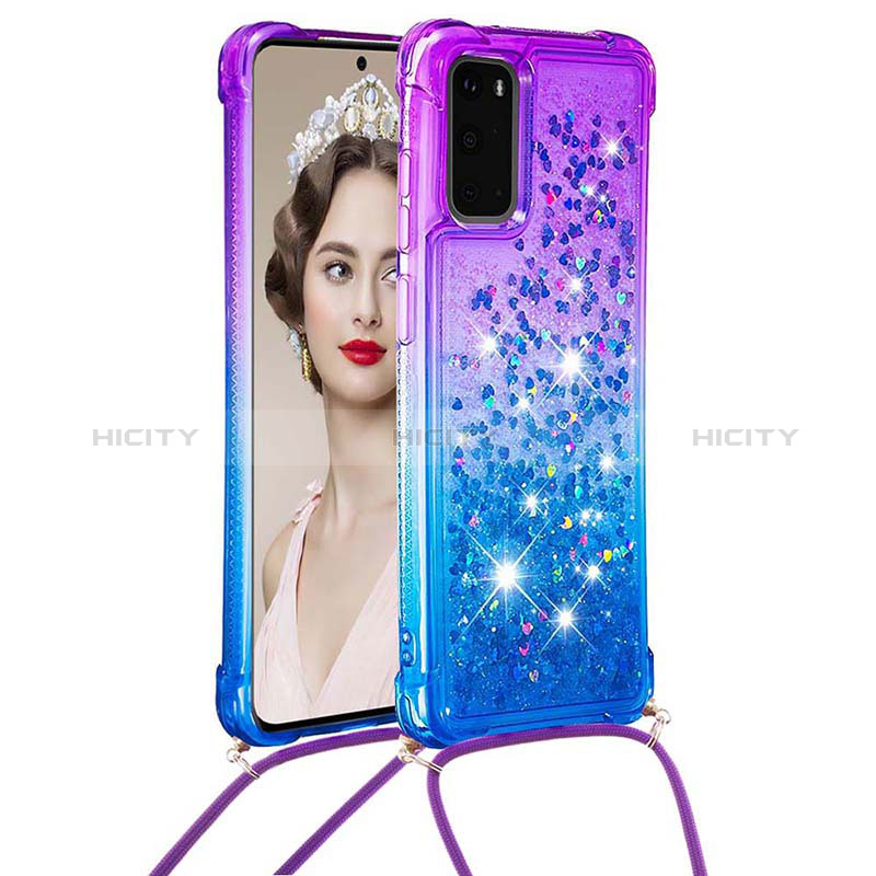 Silikon Hülle Handyhülle Gummi Schutzhülle Flexible Tasche Bling-Bling mit Schlüsselband Lanyard S01 für Samsung Galaxy S20 5G Violett