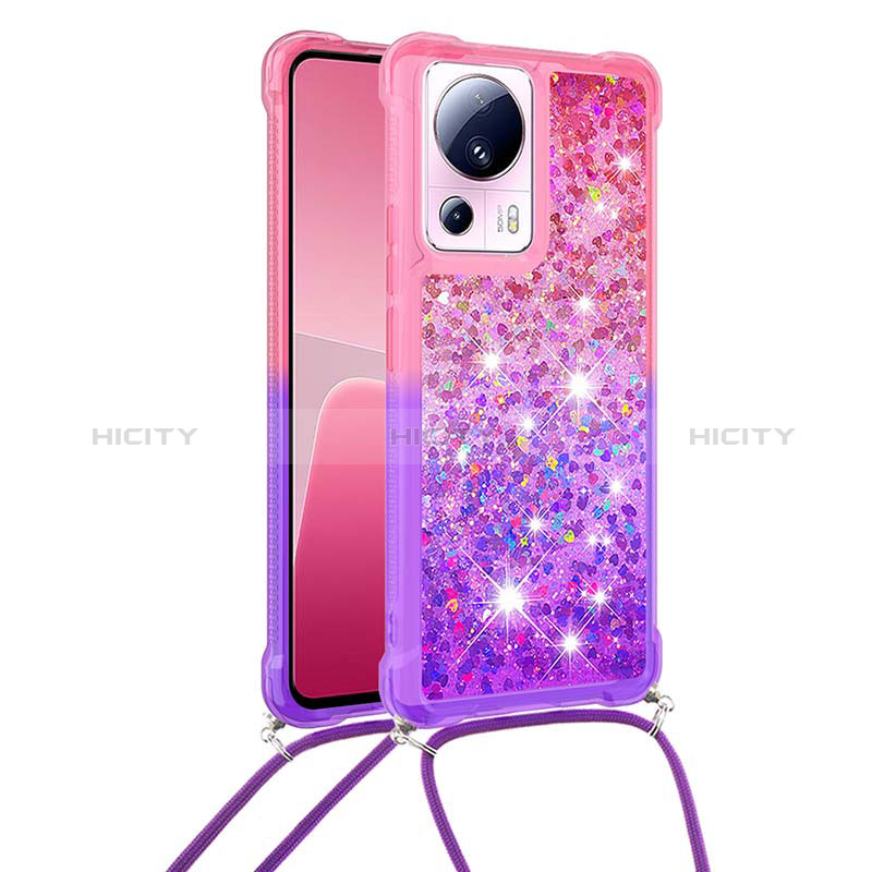 Silikon Hülle Handyhülle Gummi Schutzhülle Flexible Tasche Bling-Bling mit Schlüsselband Lanyard S01 für Xiaomi Mi 13 Lite 5G Pink Plus