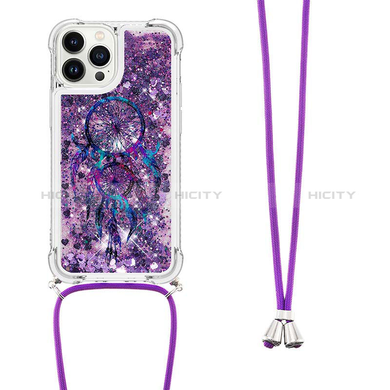 Silikon Hülle Handyhülle Gummi Schutzhülle Flexible Tasche Bling-Bling mit Schlüsselband Lanyard S02 für Apple iPhone 13 Pro Max Violett