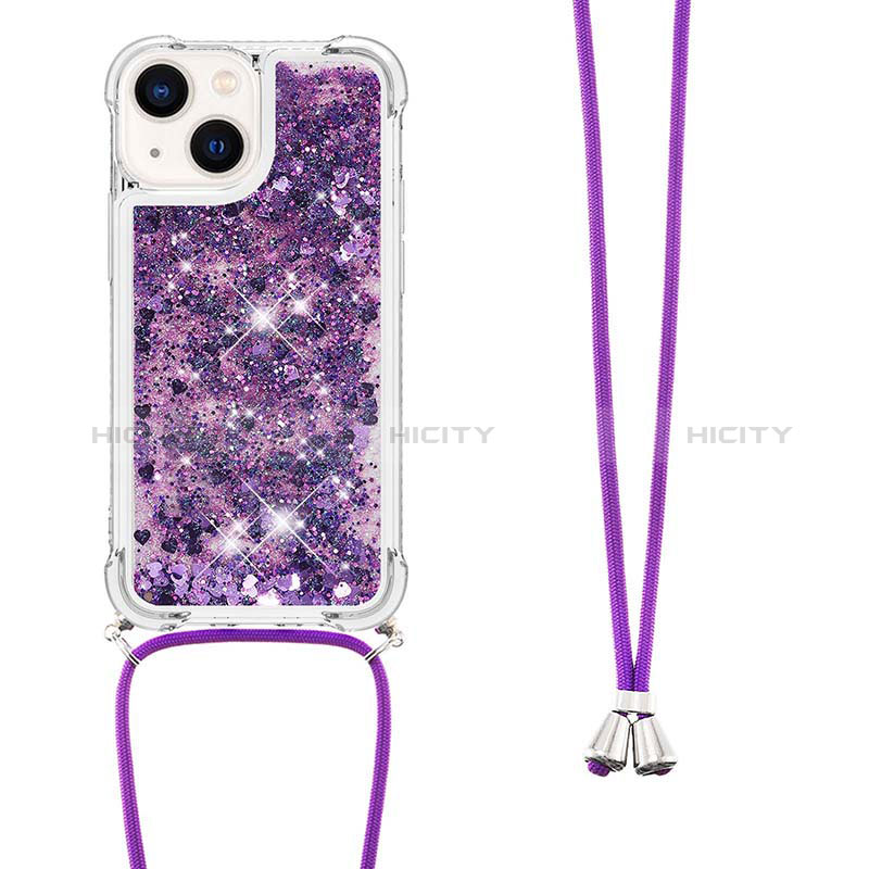 Silikon Hülle Handyhülle Gummi Schutzhülle Flexible Tasche Bling-Bling mit Schlüsselband Lanyard S02 für Apple iPhone 14 Plus