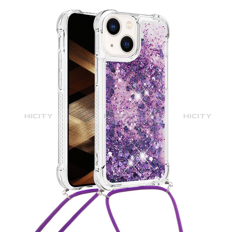 Silikon Hülle Handyhülle Gummi Schutzhülle Flexible Tasche Bling-Bling mit Schlüsselband Lanyard S02 für Apple iPhone 15 Violett