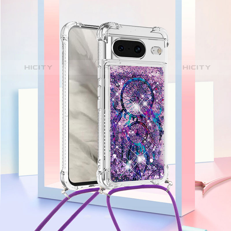 Silikon Hülle Handyhülle Gummi Schutzhülle Flexible Tasche Bling-Bling mit Schlüsselband Lanyard S02 für Google Pixel 8 5G Violett