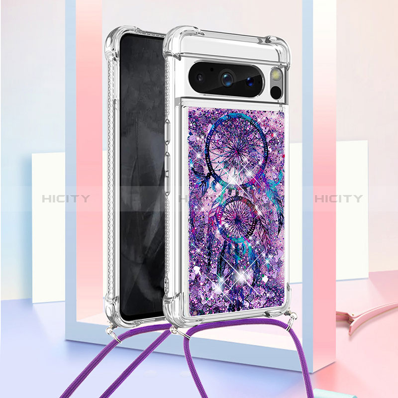 Silikon Hülle Handyhülle Gummi Schutzhülle Flexible Tasche Bling-Bling mit Schlüsselband Lanyard S02 für Google Pixel 8 Pro 5G Violett