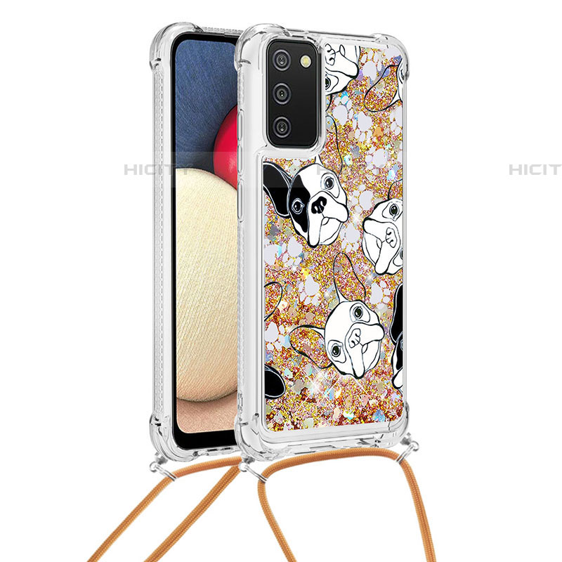 Silikon Hülle Handyhülle Gummi Schutzhülle Flexible Tasche Bling-Bling mit Schlüsselband Lanyard S02 für Samsung Galaxy A03s Gold