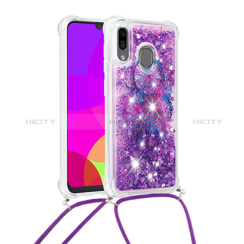 Silikon Hülle Handyhülle Gummi Schutzhülle Flexible Tasche Bling-Bling mit Schlüsselband Lanyard S02 für Samsung Galaxy A20 Violett Plus