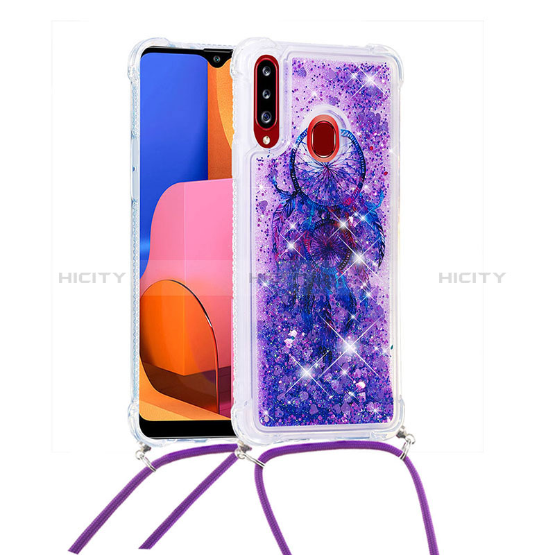 Silikon Hülle Handyhülle Gummi Schutzhülle Flexible Tasche Bling-Bling mit Schlüsselband Lanyard S02 für Samsung Galaxy A20s Violett Plus