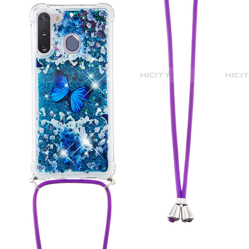 Silikon Hülle Handyhülle Gummi Schutzhülle Flexible Tasche Bling-Bling mit Schlüsselband Lanyard S02 für Samsung Galaxy A21 European Blau