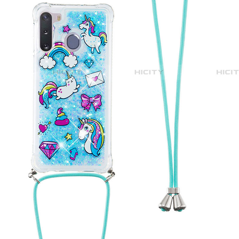 Silikon Hülle Handyhülle Gummi Schutzhülle Flexible Tasche Bling-Bling mit Schlüsselband Lanyard S02 für Samsung Galaxy A21 European Hellblau