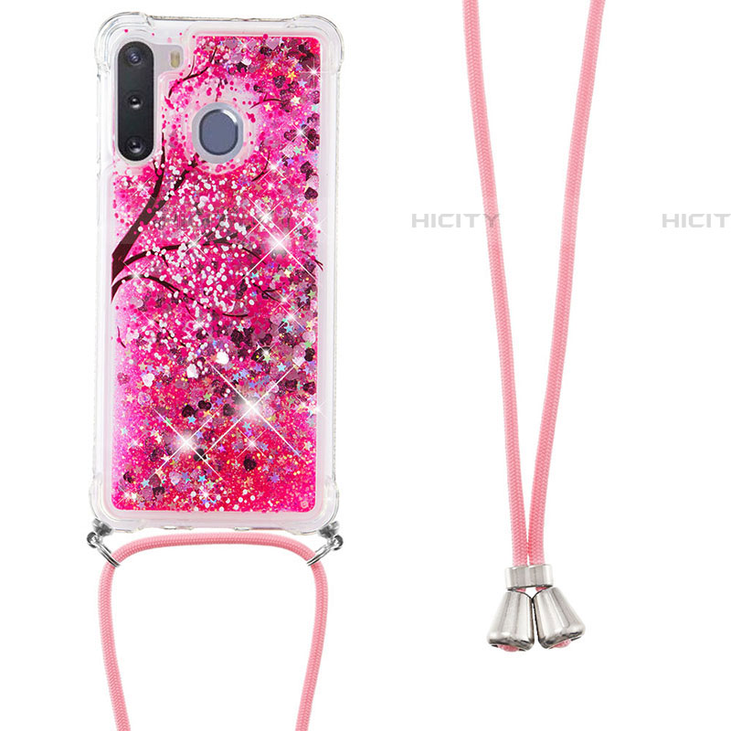 Silikon Hülle Handyhülle Gummi Schutzhülle Flexible Tasche Bling-Bling mit Schlüsselband Lanyard S02 für Samsung Galaxy A21 European Pink