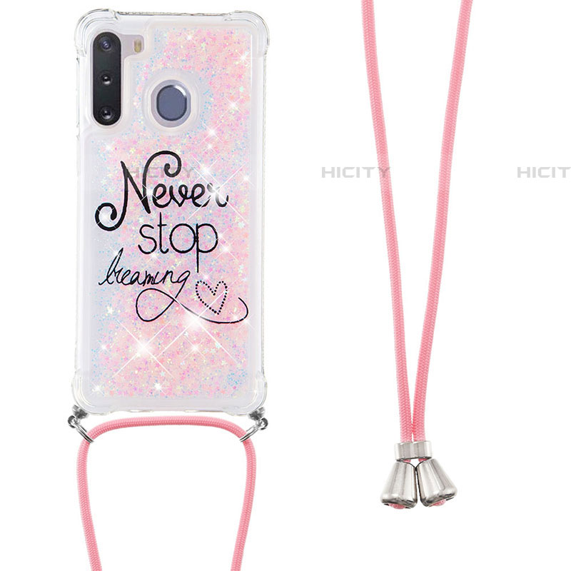 Silikon Hülle Handyhülle Gummi Schutzhülle Flexible Tasche Bling-Bling mit Schlüsselband Lanyard S02 für Samsung Galaxy A21 European Rosa