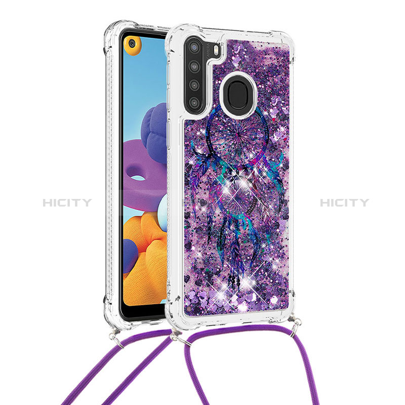 Silikon Hülle Handyhülle Gummi Schutzhülle Flexible Tasche Bling-Bling mit Schlüsselband Lanyard S02 für Samsung Galaxy A21 Violett