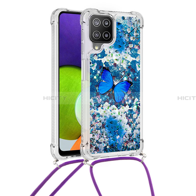 Silikon Hülle Handyhülle Gummi Schutzhülle Flexible Tasche Bling-Bling mit Schlüsselband Lanyard S02 für Samsung Galaxy A22 4G Blau