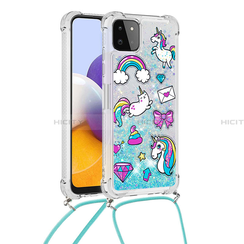 Silikon Hülle Handyhülle Gummi Schutzhülle Flexible Tasche Bling-Bling mit Schlüsselband Lanyard S02 für Samsung Galaxy A22 5G Hellblau