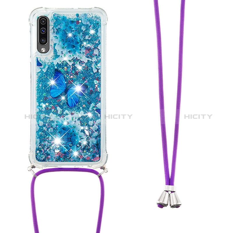 Silikon Hülle Handyhülle Gummi Schutzhülle Flexible Tasche Bling-Bling mit Schlüsselband Lanyard S02 für Samsung Galaxy A30S Blau