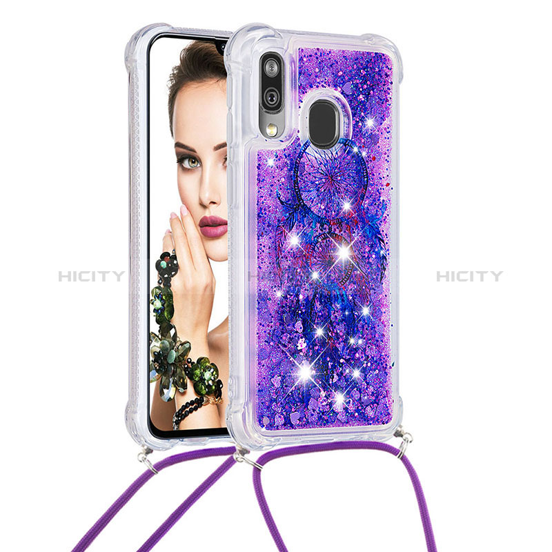 Silikon Hülle Handyhülle Gummi Schutzhülle Flexible Tasche Bling-Bling mit Schlüsselband Lanyard S02 für Samsung Galaxy A40 Violett Plus