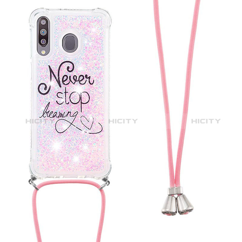 Silikon Hülle Handyhülle Gummi Schutzhülle Flexible Tasche Bling-Bling mit Schlüsselband Lanyard S02 für Samsung Galaxy A40s Rosa