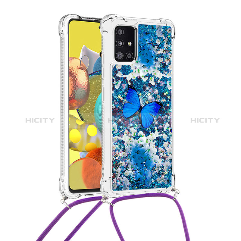 Silikon Hülle Handyhülle Gummi Schutzhülle Flexible Tasche Bling-Bling mit Schlüsselband Lanyard S02 für Samsung Galaxy A51 4G Blau Plus