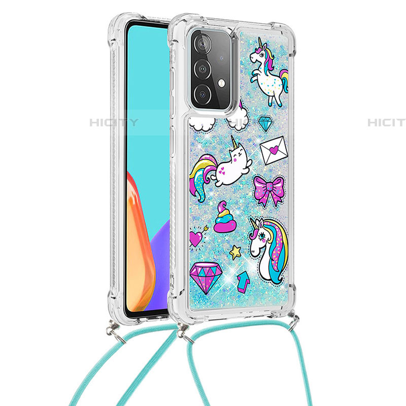 Silikon Hülle Handyhülle Gummi Schutzhülle Flexible Tasche Bling-Bling mit Schlüsselband Lanyard S02 für Samsung Galaxy A52 4G Hellblau