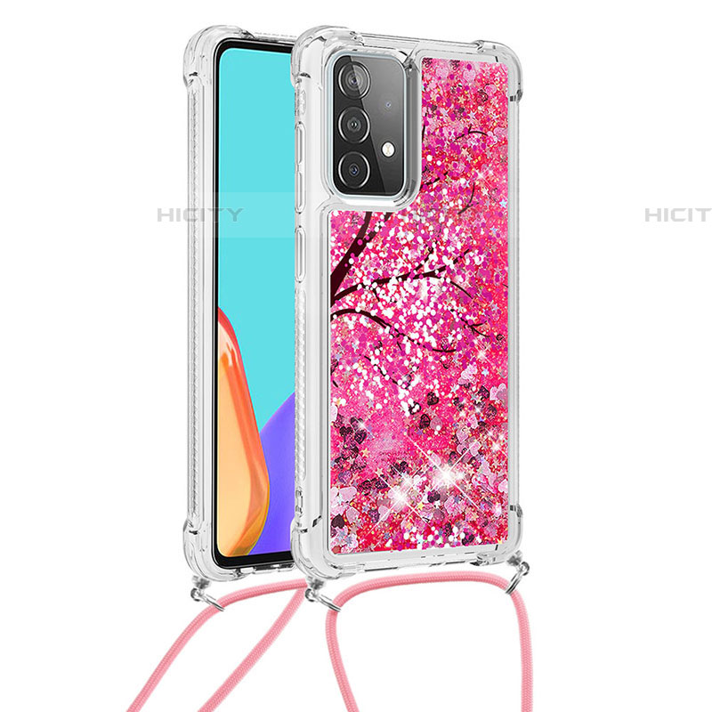 Silikon Hülle Handyhülle Gummi Schutzhülle Flexible Tasche Bling-Bling mit Schlüsselband Lanyard S02 für Samsung Galaxy A52 5G Pink