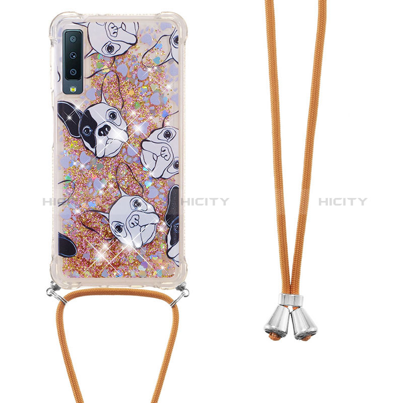 Silikon Hülle Handyhülle Gummi Schutzhülle Flexible Tasche Bling-Bling mit Schlüsselband Lanyard S02 für Samsung Galaxy A7 (2018) A750