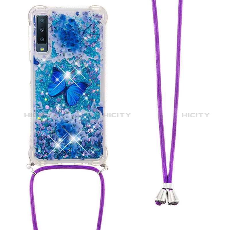 Silikon Hülle Handyhülle Gummi Schutzhülle Flexible Tasche Bling-Bling mit Schlüsselband Lanyard S02 für Samsung Galaxy A7 (2018) A750 Blau