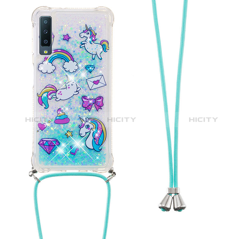 Silikon Hülle Handyhülle Gummi Schutzhülle Flexible Tasche Bling-Bling mit Schlüsselband Lanyard S02 für Samsung Galaxy A7 (2018) A750 Hellblau