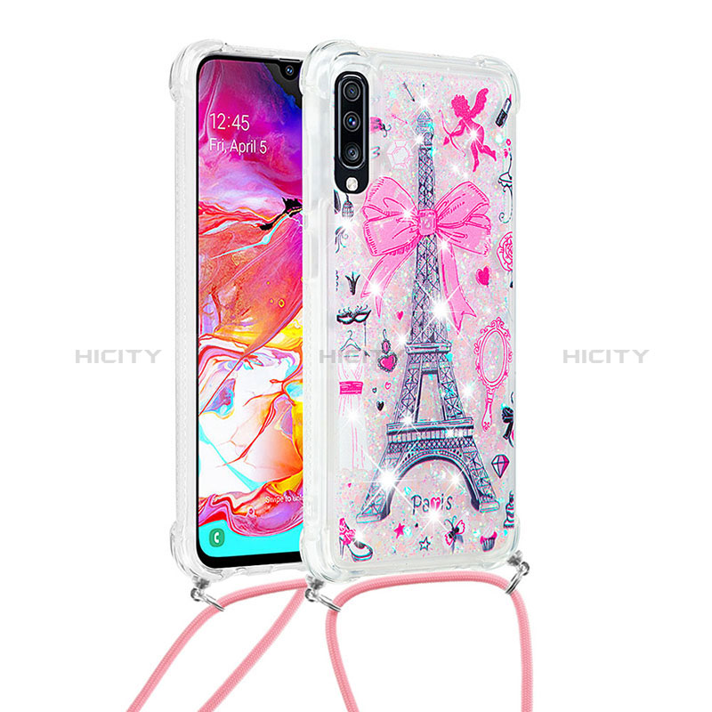 Silikon Hülle Handyhülle Gummi Schutzhülle Flexible Tasche Bling-Bling mit Schlüsselband Lanyard S02 für Samsung Galaxy A70 Rosa