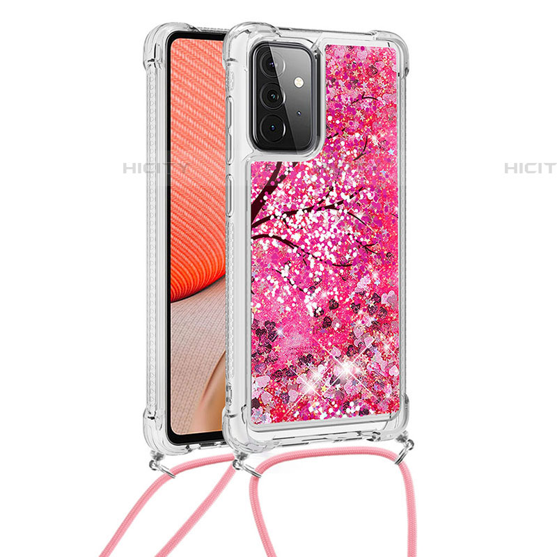 Silikon Hülle Handyhülle Gummi Schutzhülle Flexible Tasche Bling-Bling mit Schlüsselband Lanyard S02 für Samsung Galaxy A72 5G Pink