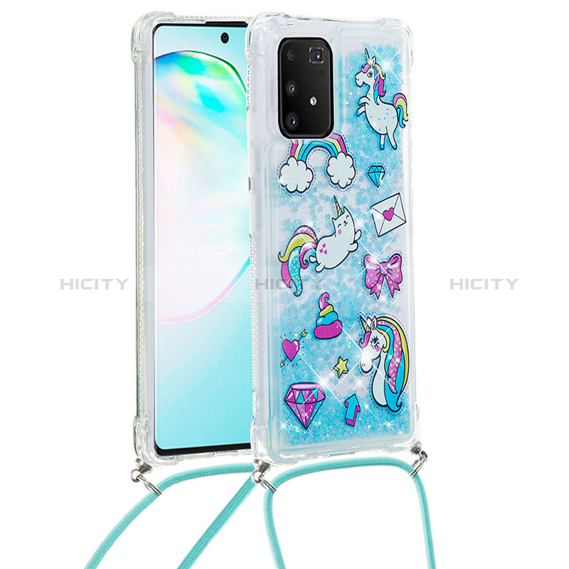 Silikon Hülle Handyhülle Gummi Schutzhülle Flexible Tasche Bling-Bling mit Schlüsselband Lanyard S02 für Samsung Galaxy A91 Hellblau