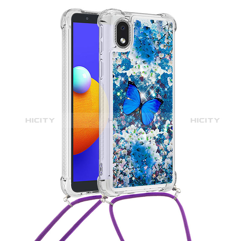 Silikon Hülle Handyhülle Gummi Schutzhülle Flexible Tasche Bling-Bling mit Schlüsselband Lanyard S02 für Samsung Galaxy M01 Core Blau