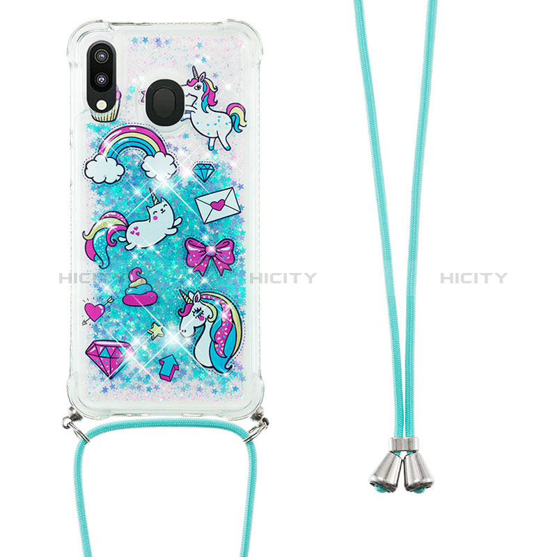 Silikon Hülle Handyhülle Gummi Schutzhülle Flexible Tasche Bling-Bling mit Schlüsselband Lanyard S02 für Samsung Galaxy M20 Hellblau