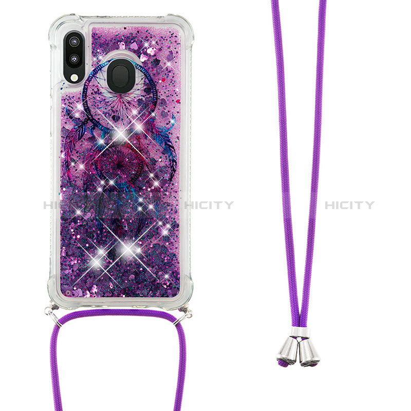 Silikon Hülle Handyhülle Gummi Schutzhülle Flexible Tasche Bling-Bling mit Schlüsselband Lanyard S02 für Samsung Galaxy M20 Violett