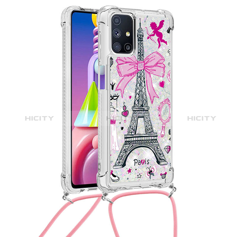 Silikon Hülle Handyhülle Gummi Schutzhülle Flexible Tasche Bling-Bling mit Schlüsselband Lanyard S02 für Samsung Galaxy M51 Rosa Plus