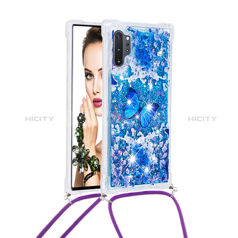 Silikon Hülle Handyhülle Gummi Schutzhülle Flexible Tasche Bling-Bling mit Schlüsselband Lanyard S02 für Samsung Galaxy Note 10 Plus 5G Blau