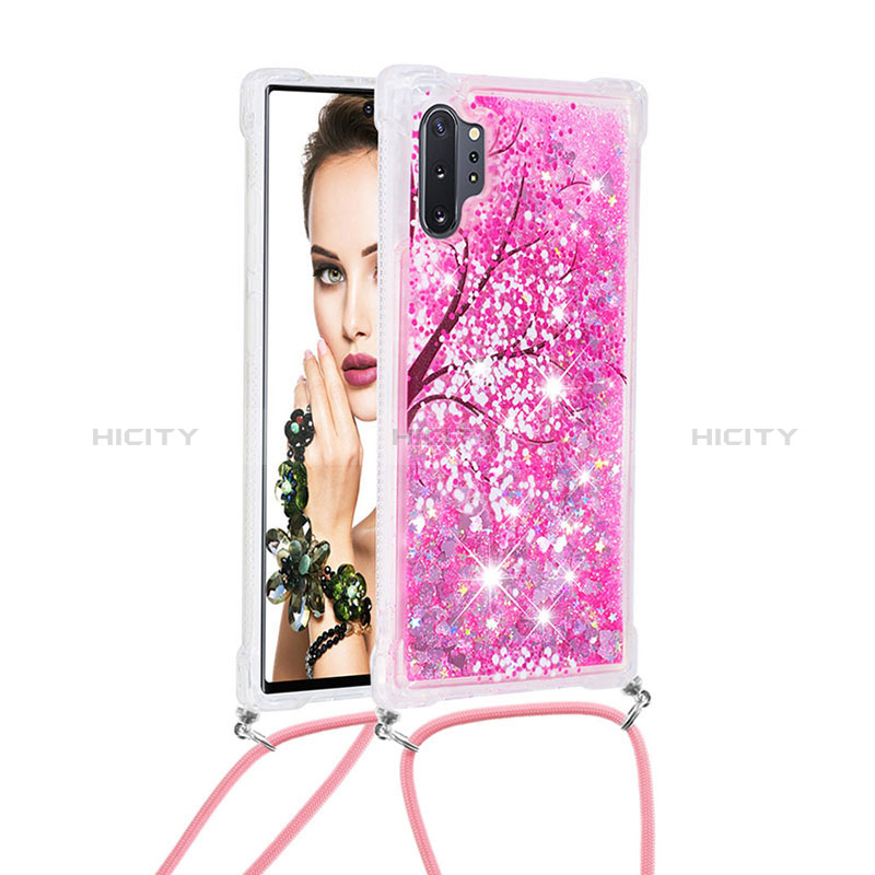 Silikon Hülle Handyhülle Gummi Schutzhülle Flexible Tasche Bling-Bling mit Schlüsselband Lanyard S02 für Samsung Galaxy Note 10 Plus 5G Pink